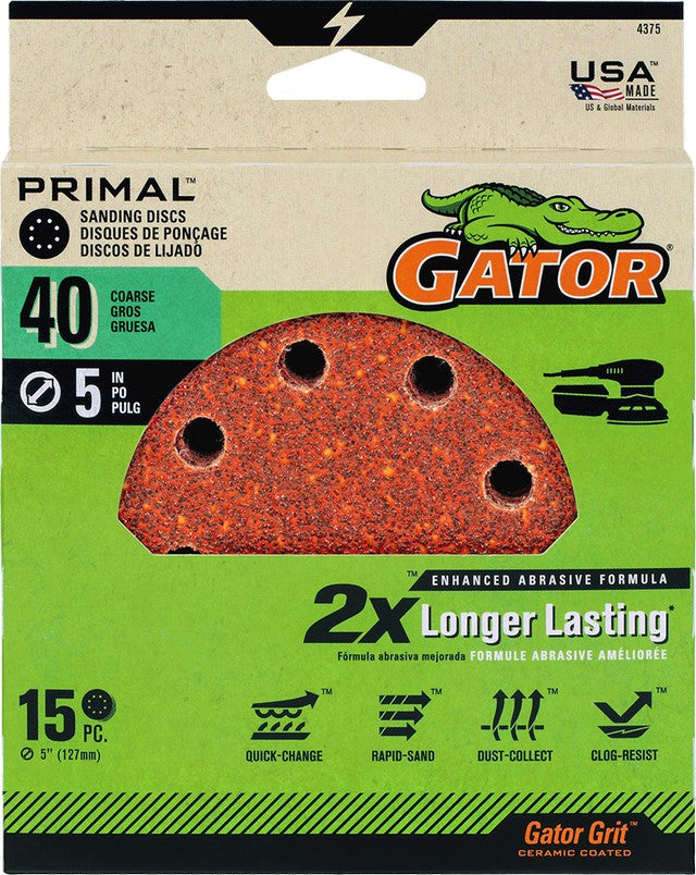 Gator 40 Grit 5" Hook & Loop Power Sanding Disc (15pk)